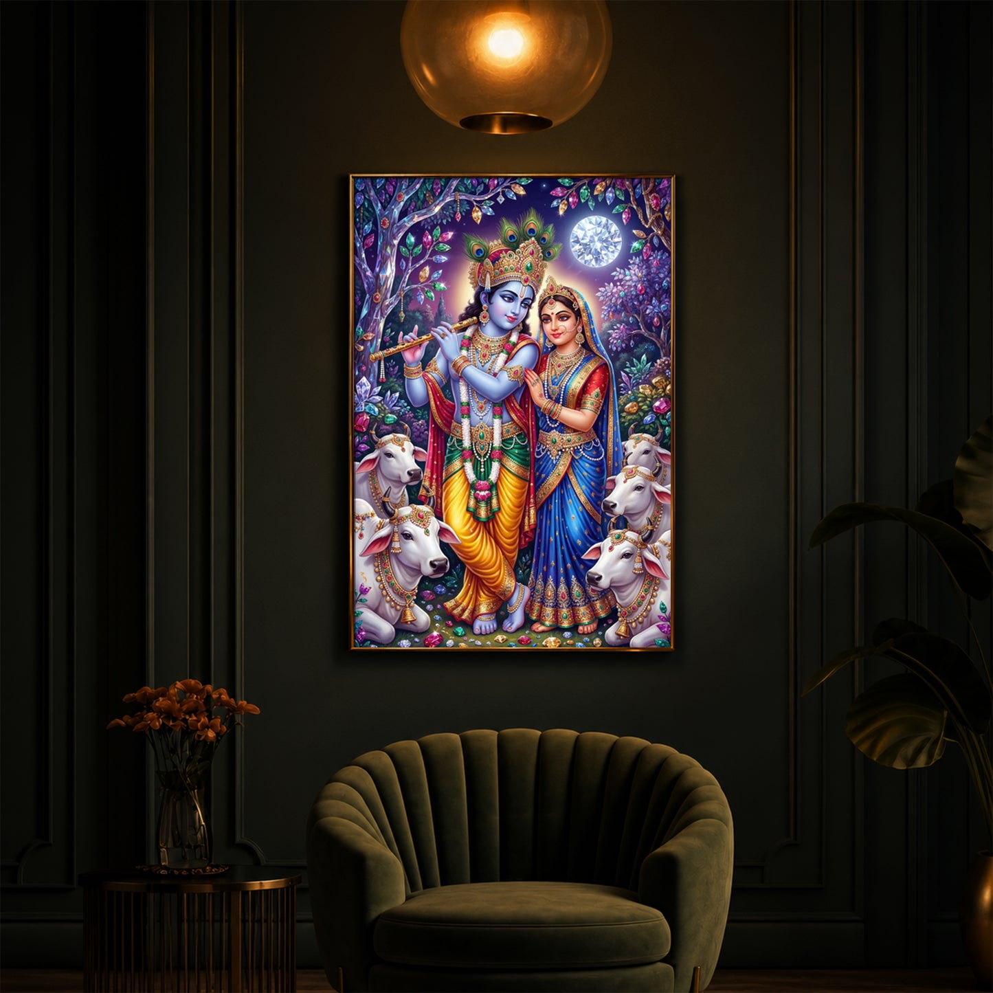 Lord Radha Krishna With Flute Modern Luxury Backlight Vertical Wall Art
