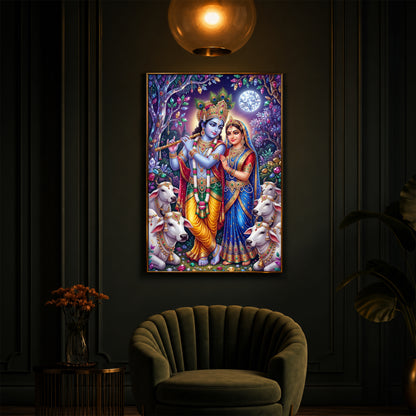 Lord Radha Krishna With Flute Modern Luxury Backlight Vertical Wall Art