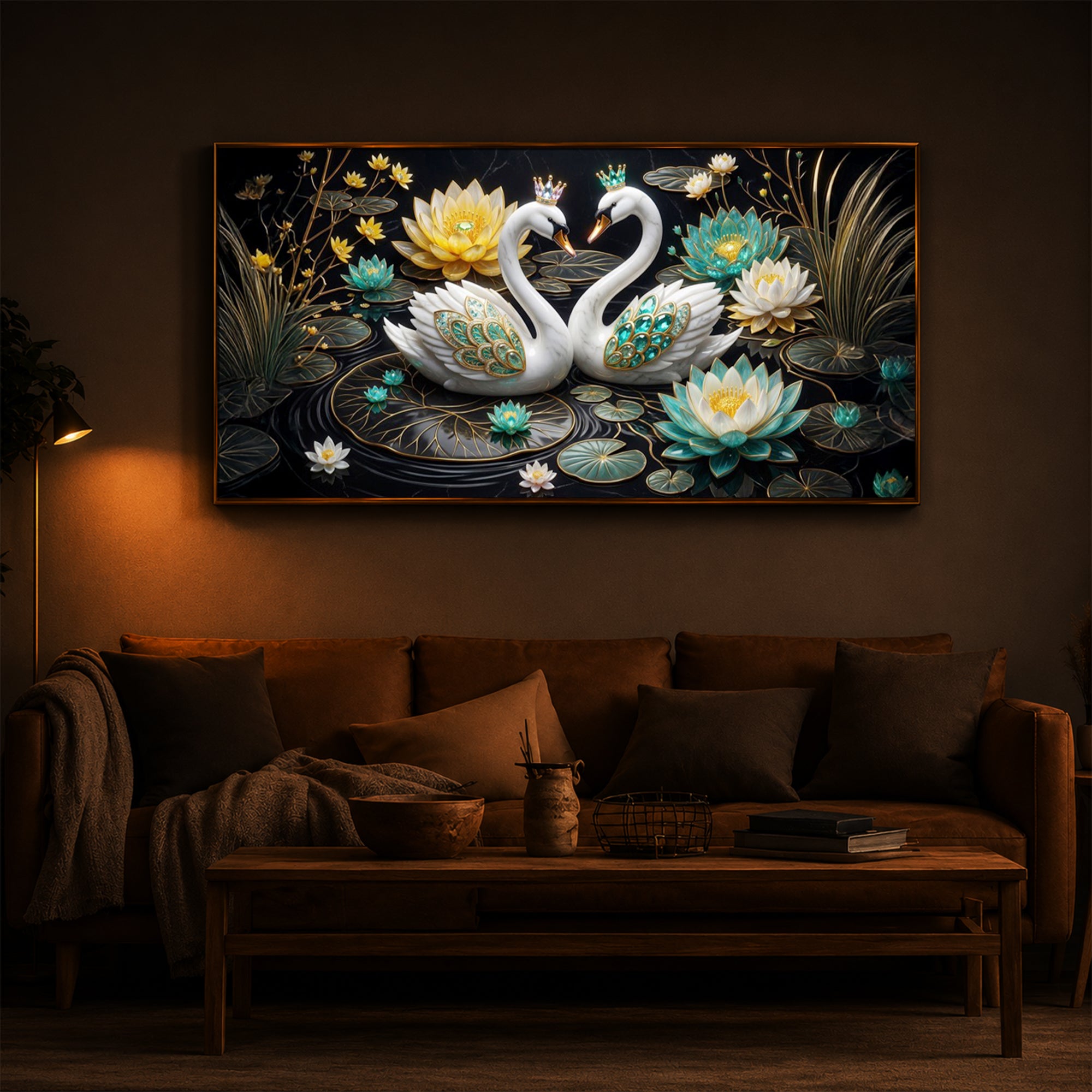 Pair Of White Swans Modern Luxury Backlight Horizontal Wall Art