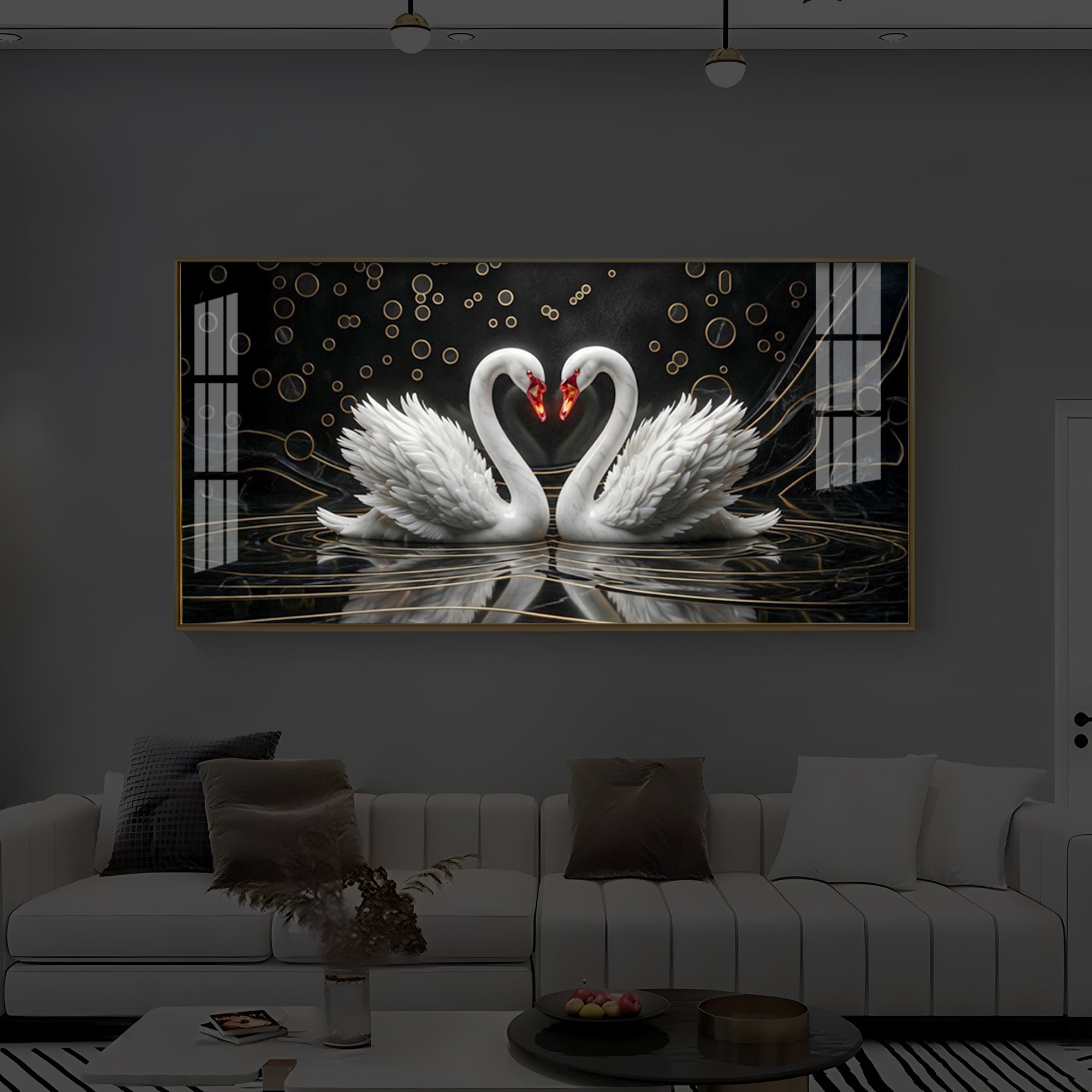 Two White Swans Forming A Heart Modern Luxury Backlight Horizontal Wall Art
