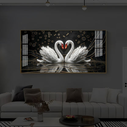 Two White Swans Forming A Heart Modern Luxury Backlight Horizontal Wall Art