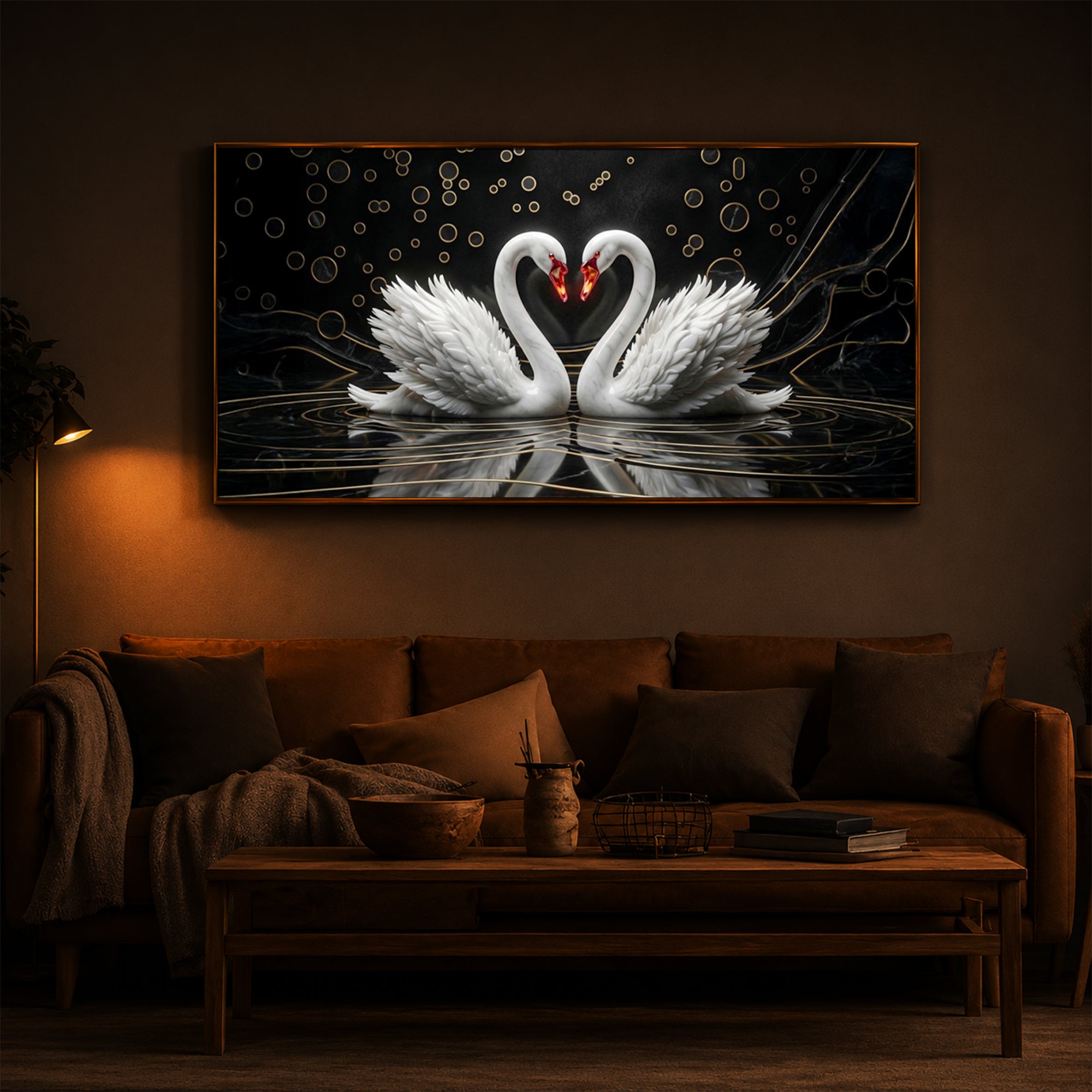Two White Swans Forming A Heart Modern Luxury Backlight Horizontal Wall Art