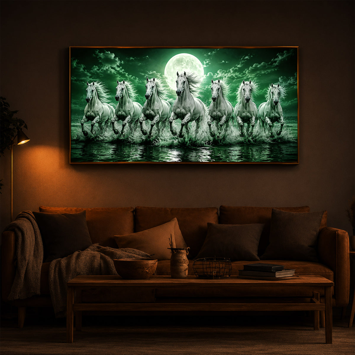 7 Running Horses With Green Backdrop Modern Luxury Backlight Horizontal Wall Art