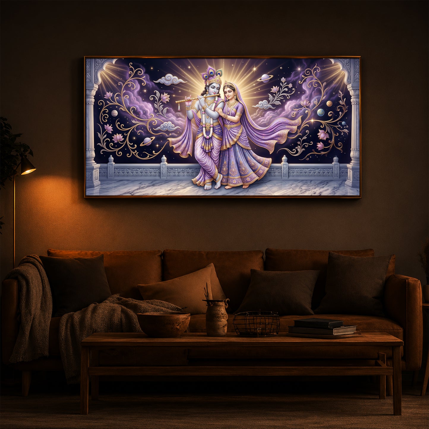 Divine Couple Radha Krishna Modern Luxury Backlight Horizontal Wall Art