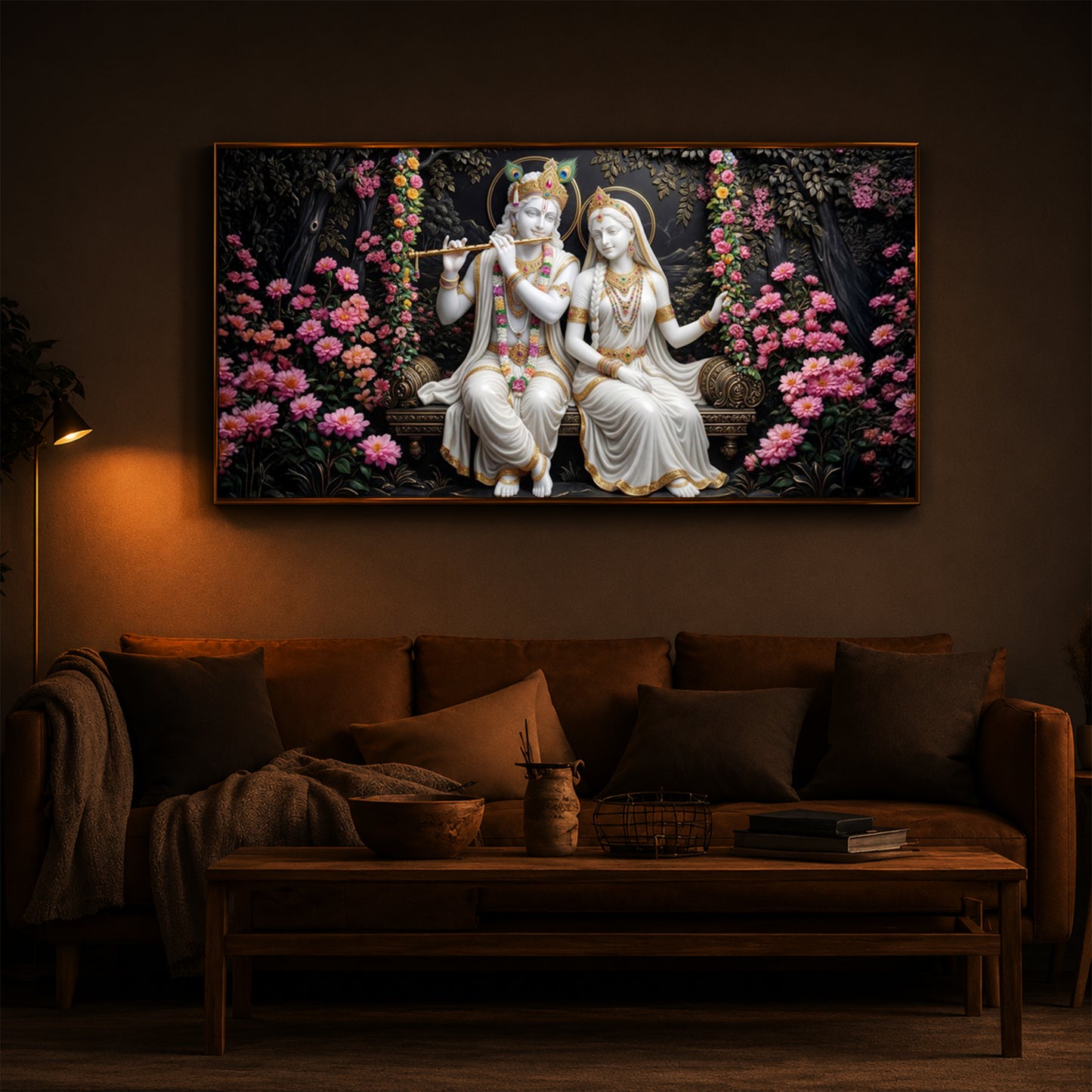 Radha Krishna With Flower Modern Luxury Backlight Horizontal Wall Art