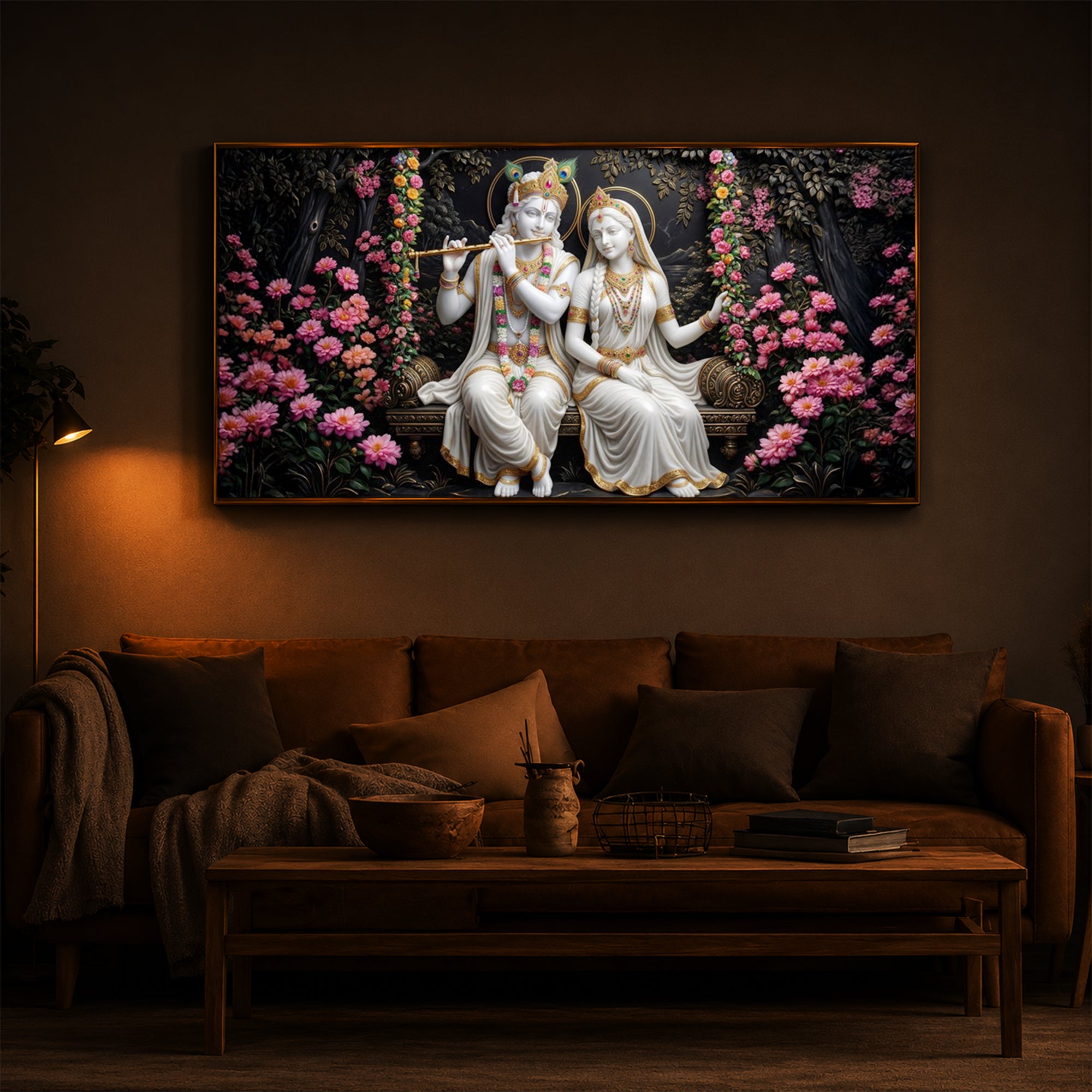 Radha Krishna With Flower Modern Luxury Backlight Horizontal Wall Art