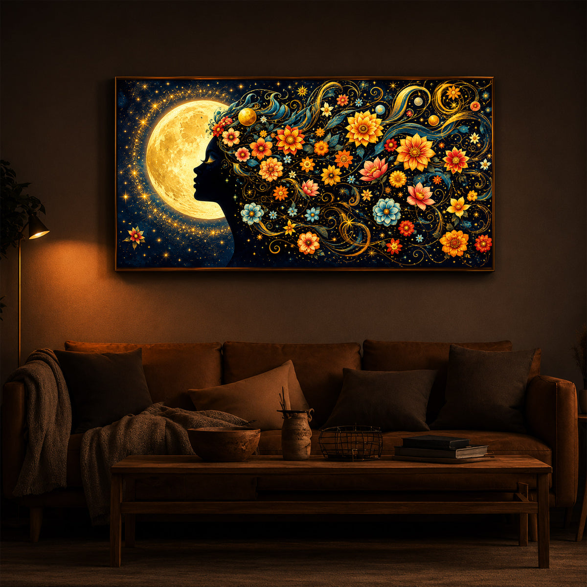 Dreamy Moon Girl Modern Luxury Backlight Horizontal Wall Art