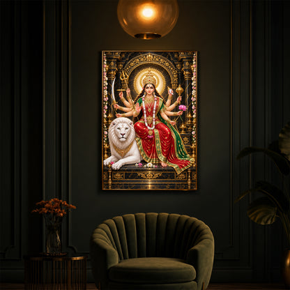 Maa Durga With White Lion Modern Luxury Backlight Vertical Wall Art