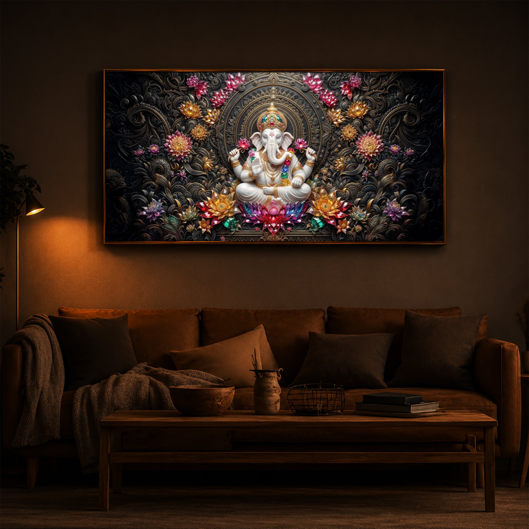 Lord Ganesha Blooming Lotuses Modern Luxury Backlight Horizontal Wall Art