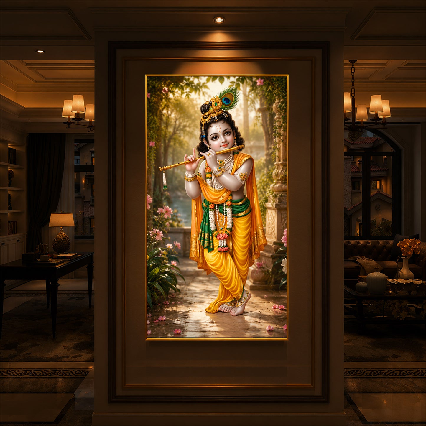 Bal Krishna Playing The Flute Modern Luxury Backlight Vertical Wall Art