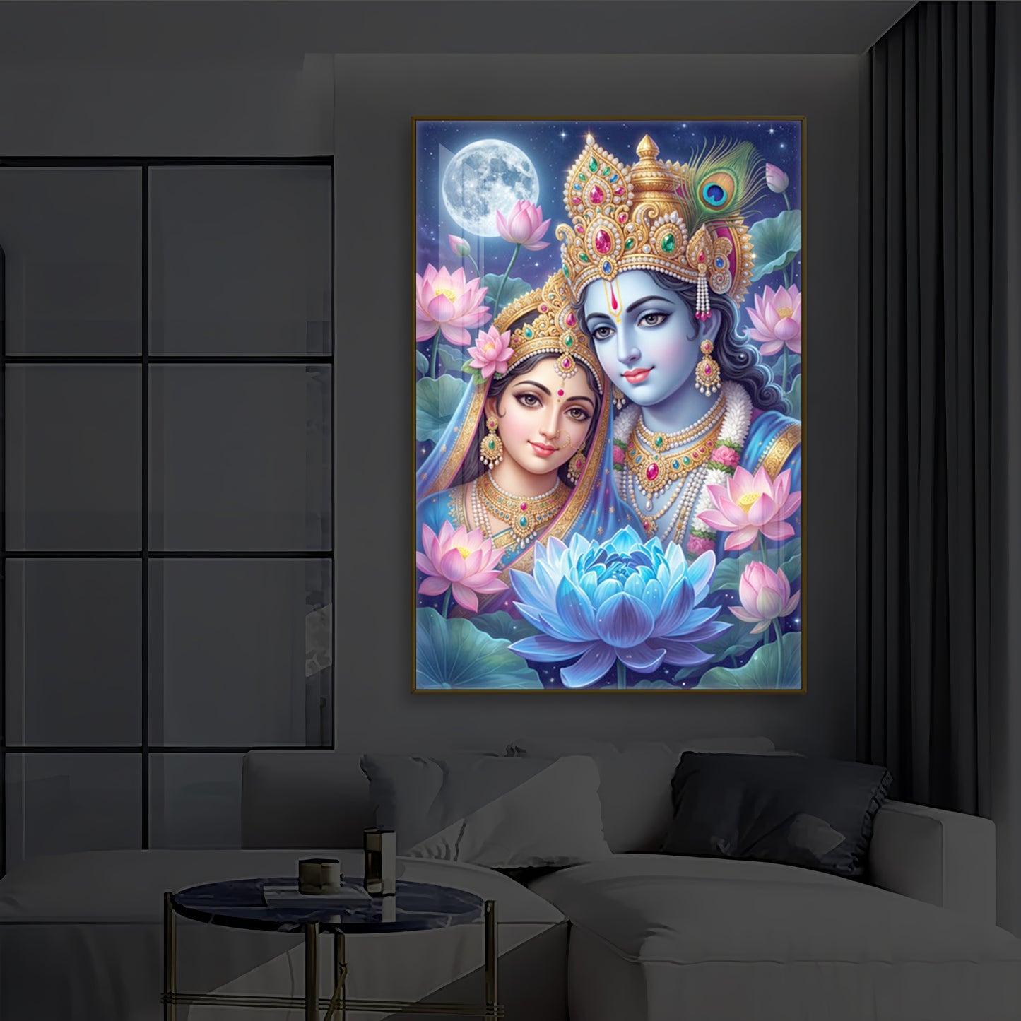 Radha Krishna Divine Togetherness Modern Luxury Backlight Vertical Wall Art