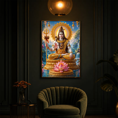 Lord Shiva Seated In Deep Meditation Modern Luxury Backlight Vertical Wall Art