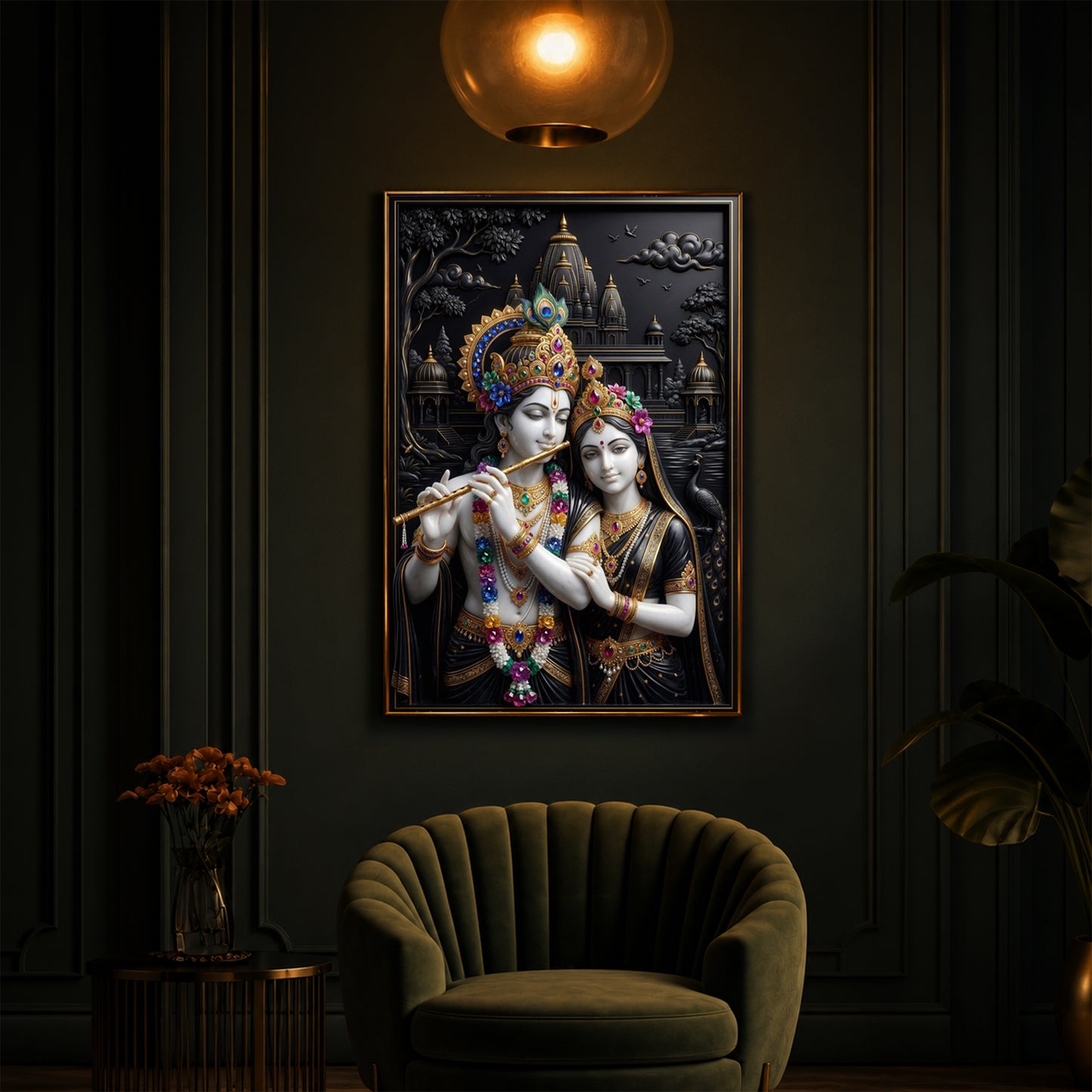 Radha Krishna With Floral Garlands Modern Luxury Backlight Vertical Wall Art