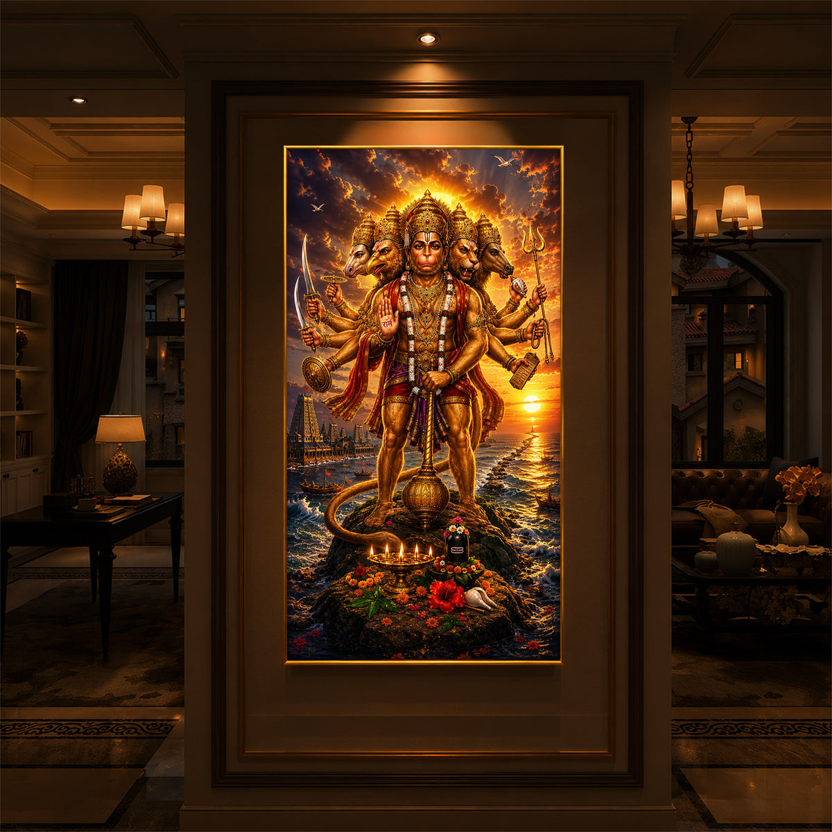 Powerful Panchmukhi Hanuman Ji Modern Luxury Backlight Vertical Wall Art