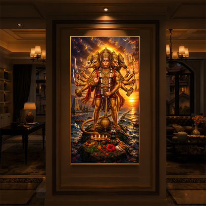 Powerful Panchmukhi Hanuman Ji Modern Luxury Backlight Vertical Wall Art