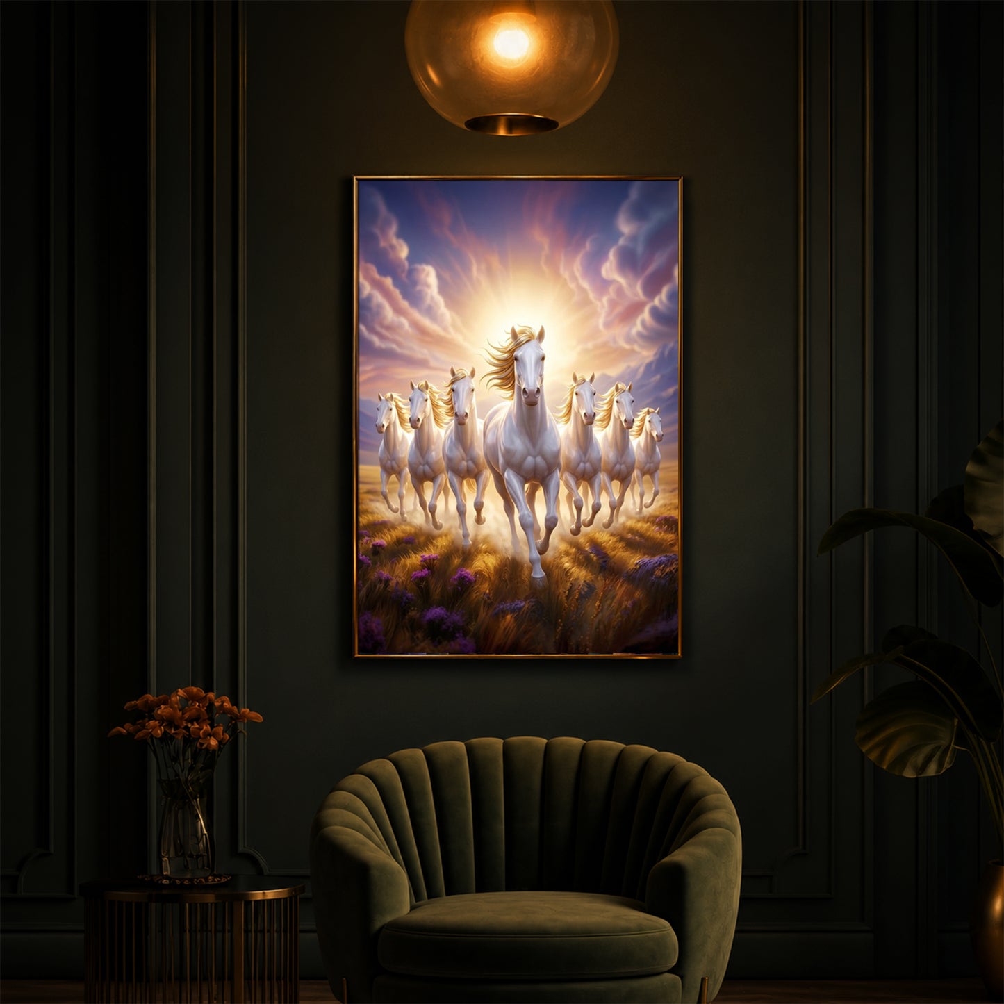 Seven Horses Running Together Modern Luxury Backlight Vertical Wall Art