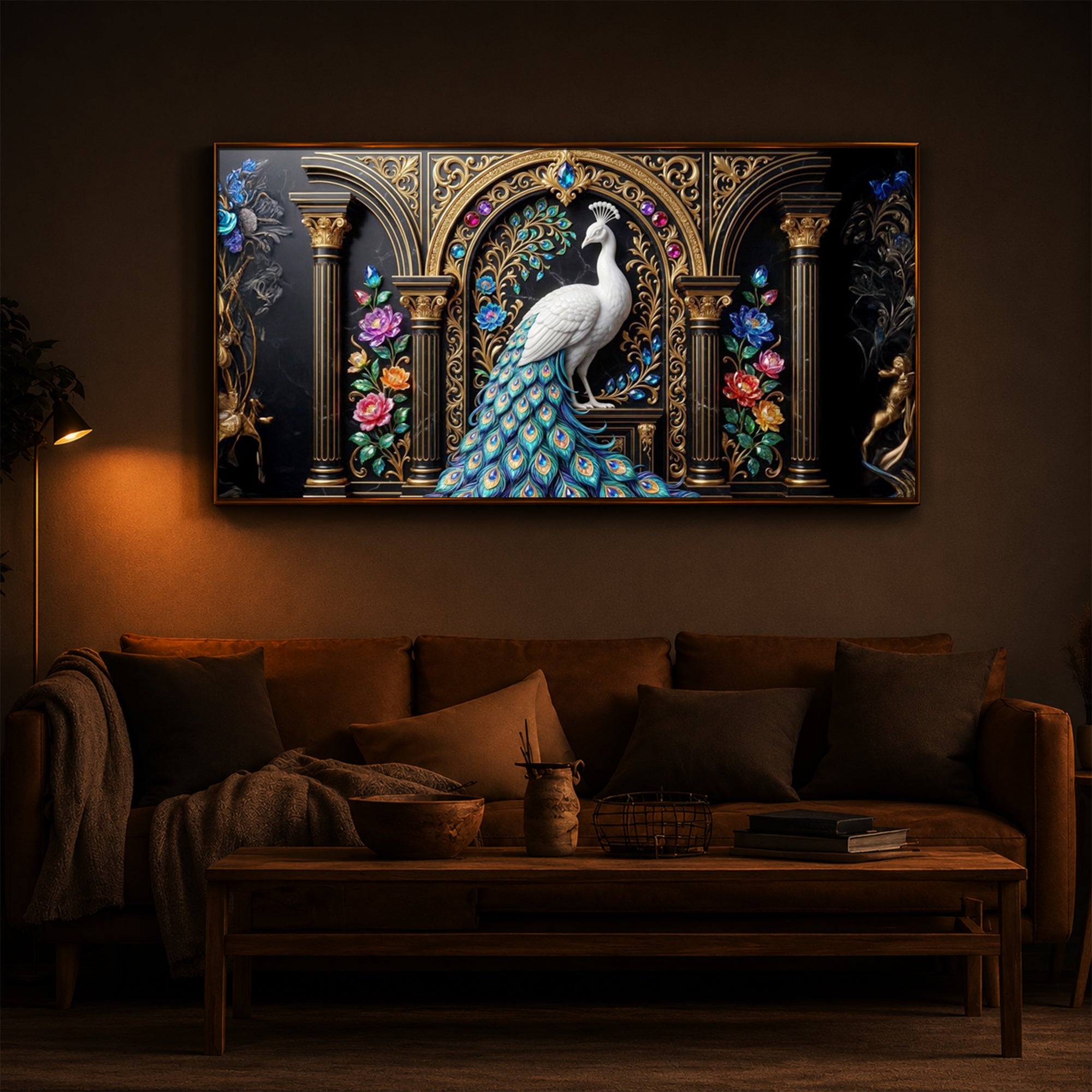 White Peacock Against A Dark Modern Luxury Backlight Horizontal Wall Art