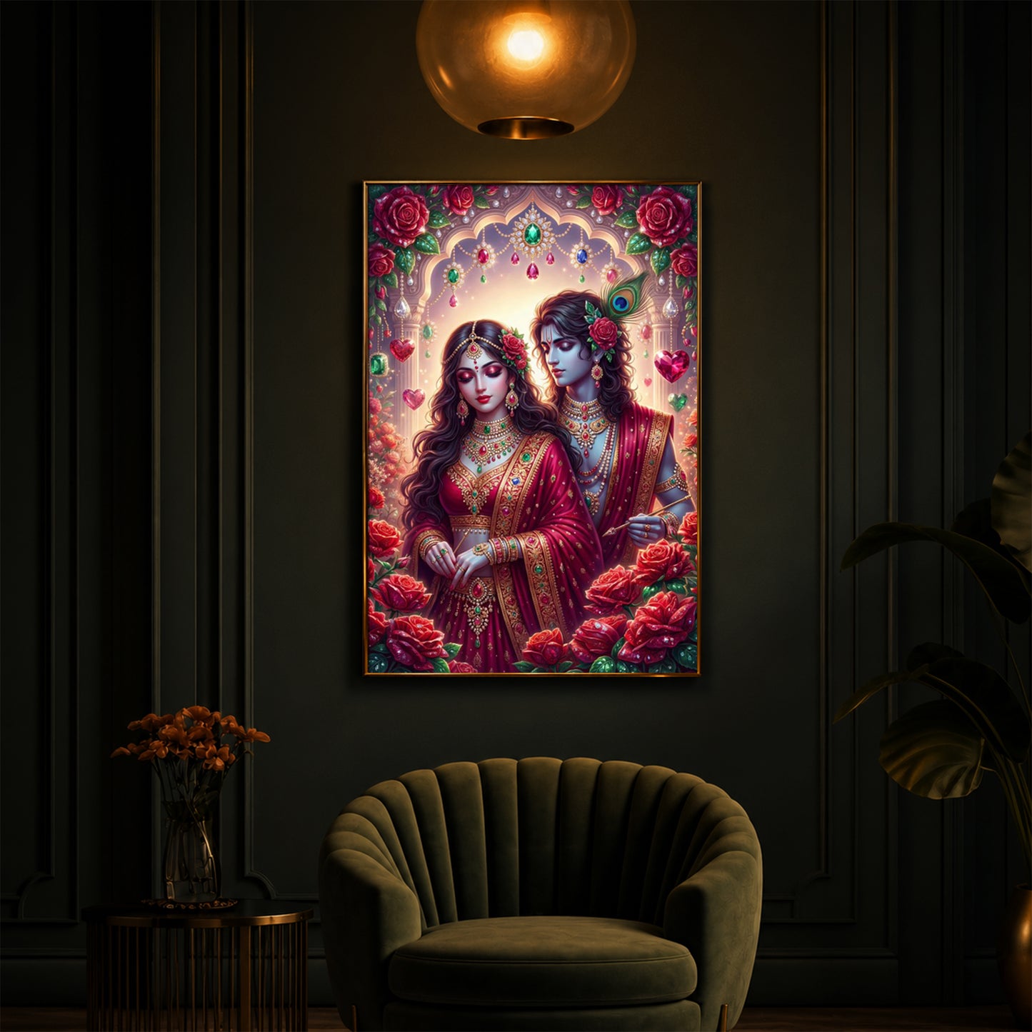 Radha Krishna Surrounded By Red Roses Modern Luxury Backlight Vertical Wall Art