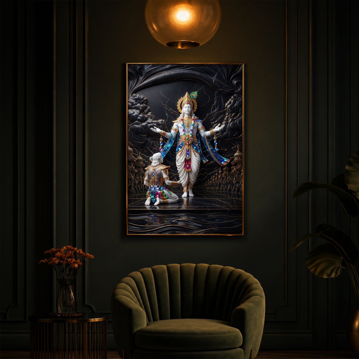 Lord Krishna With Arjuna Modern Luxury Backlight Vertical Wall Art