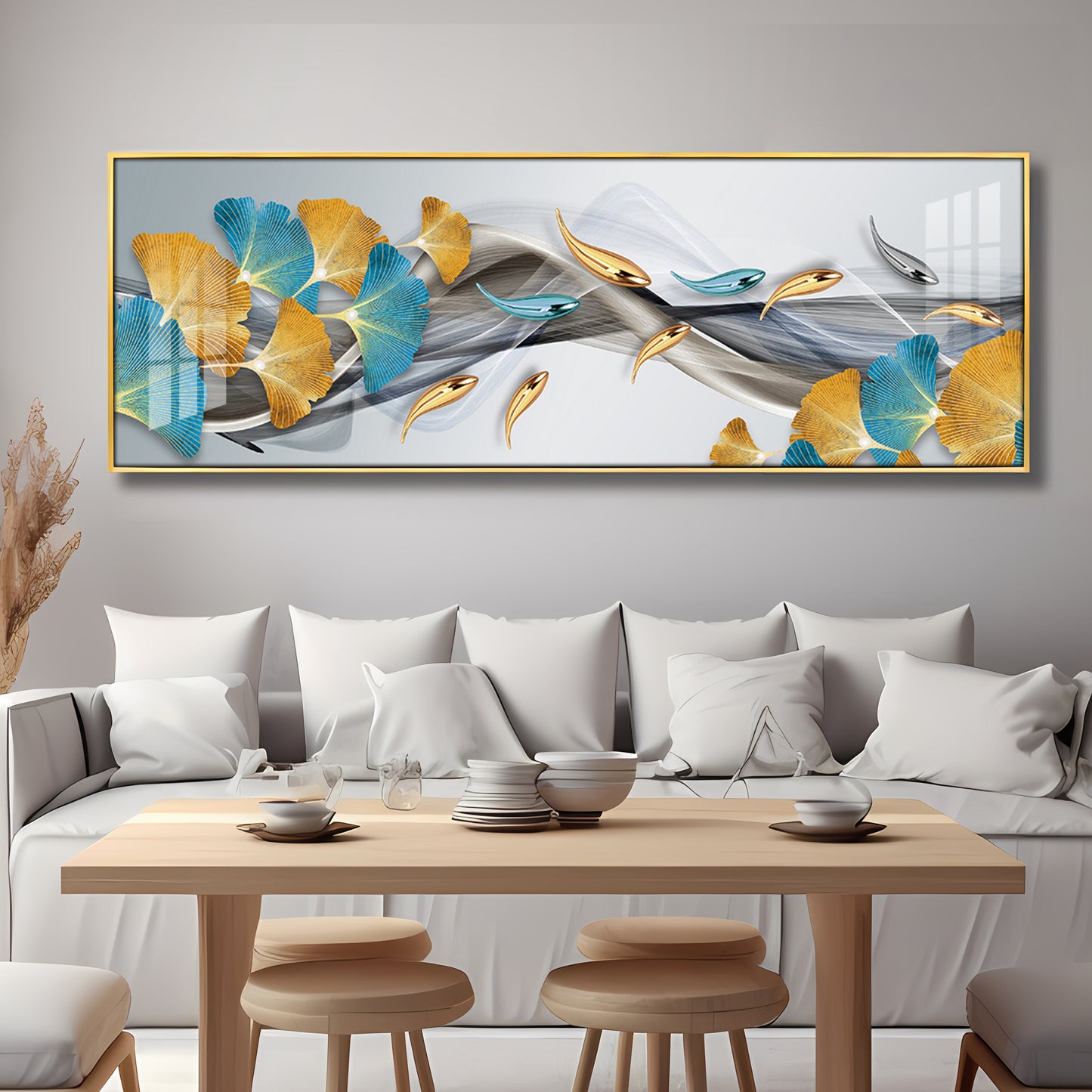 Blue & Golden Leaf Premium Acrylic Horizontal Wall Art