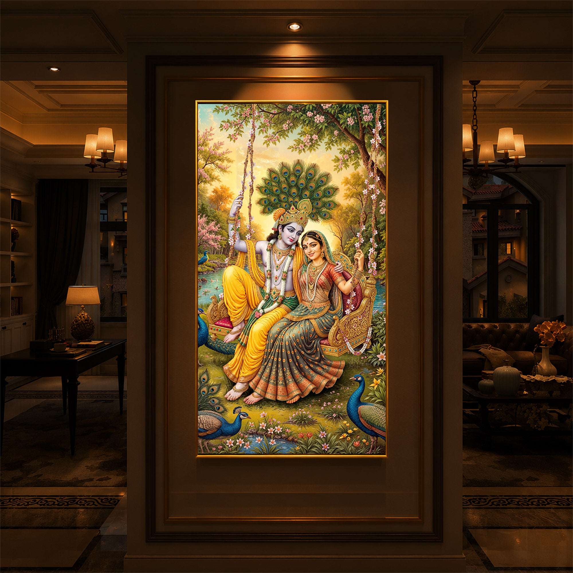Jai Shri Radha Krishna Modern Luxury Backlight Vertical Wall Art