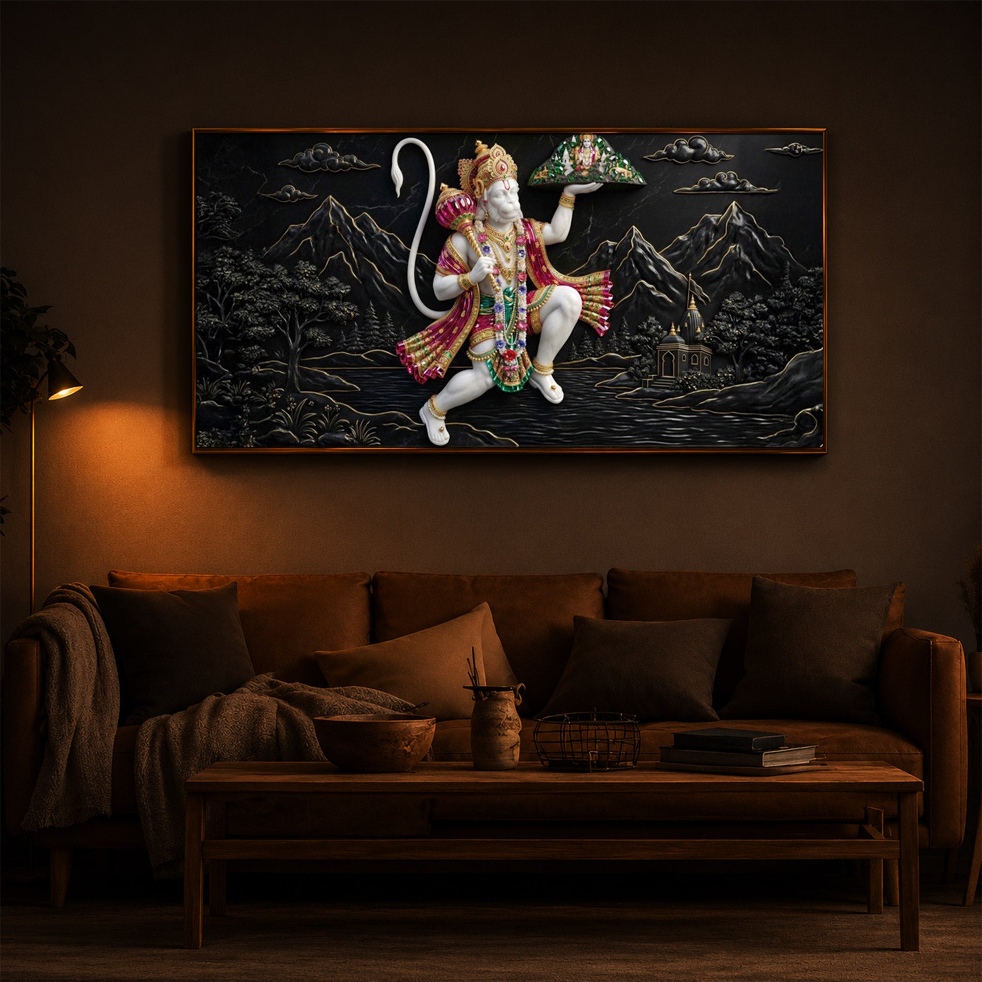 Lord Hanuman Carrying Sanjeevani Mountain Modern Luxury Backlight Horizontal Wall Art