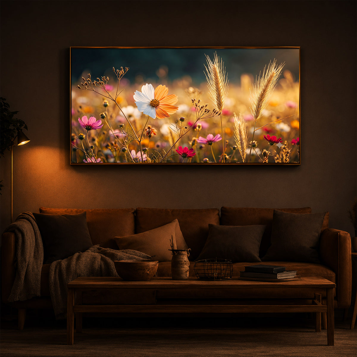 Golden Wildflower Meadow Modern Luxury Backlight Horizontal Wall Art