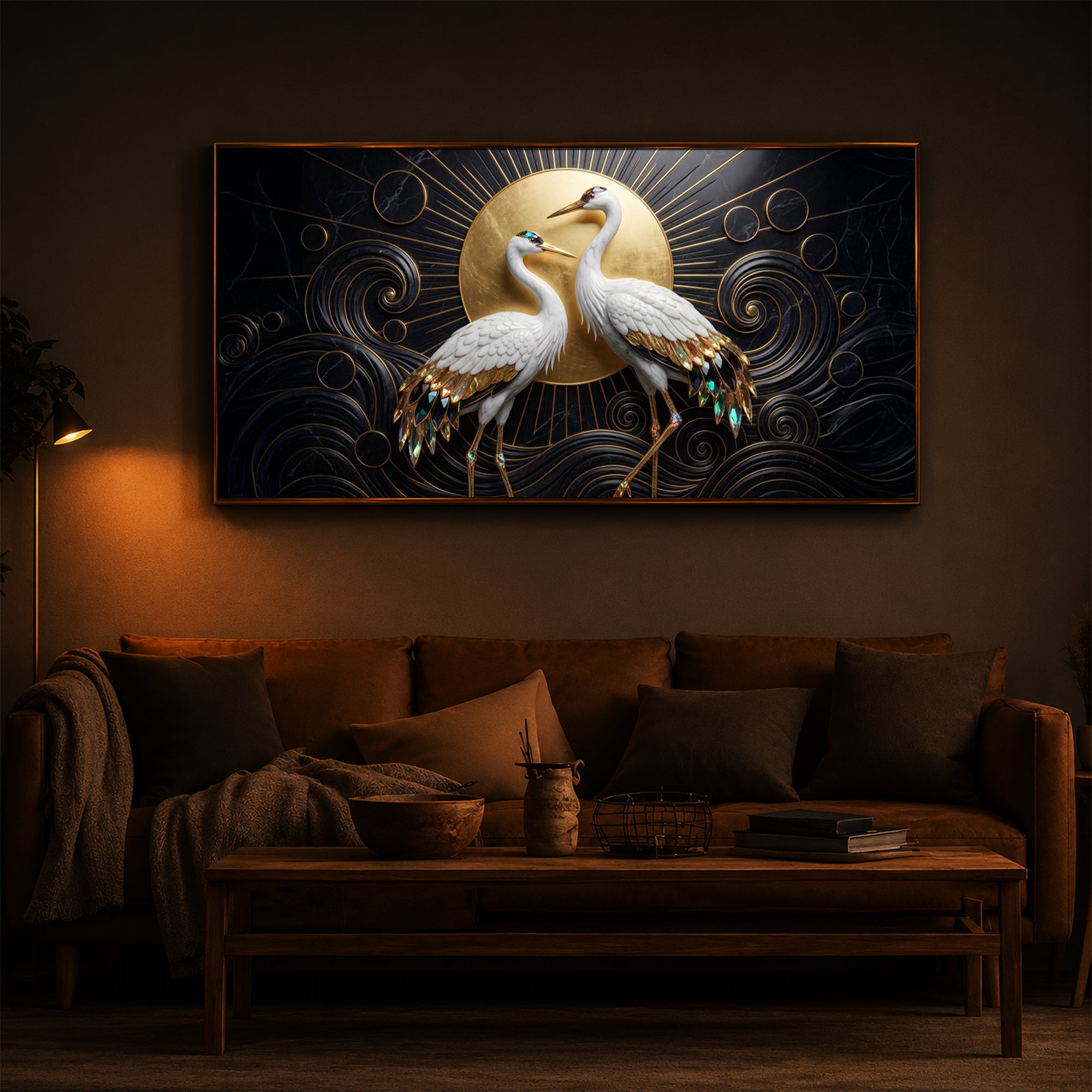 White Crane Modern Luxury Backlight Horizontal Wall Art