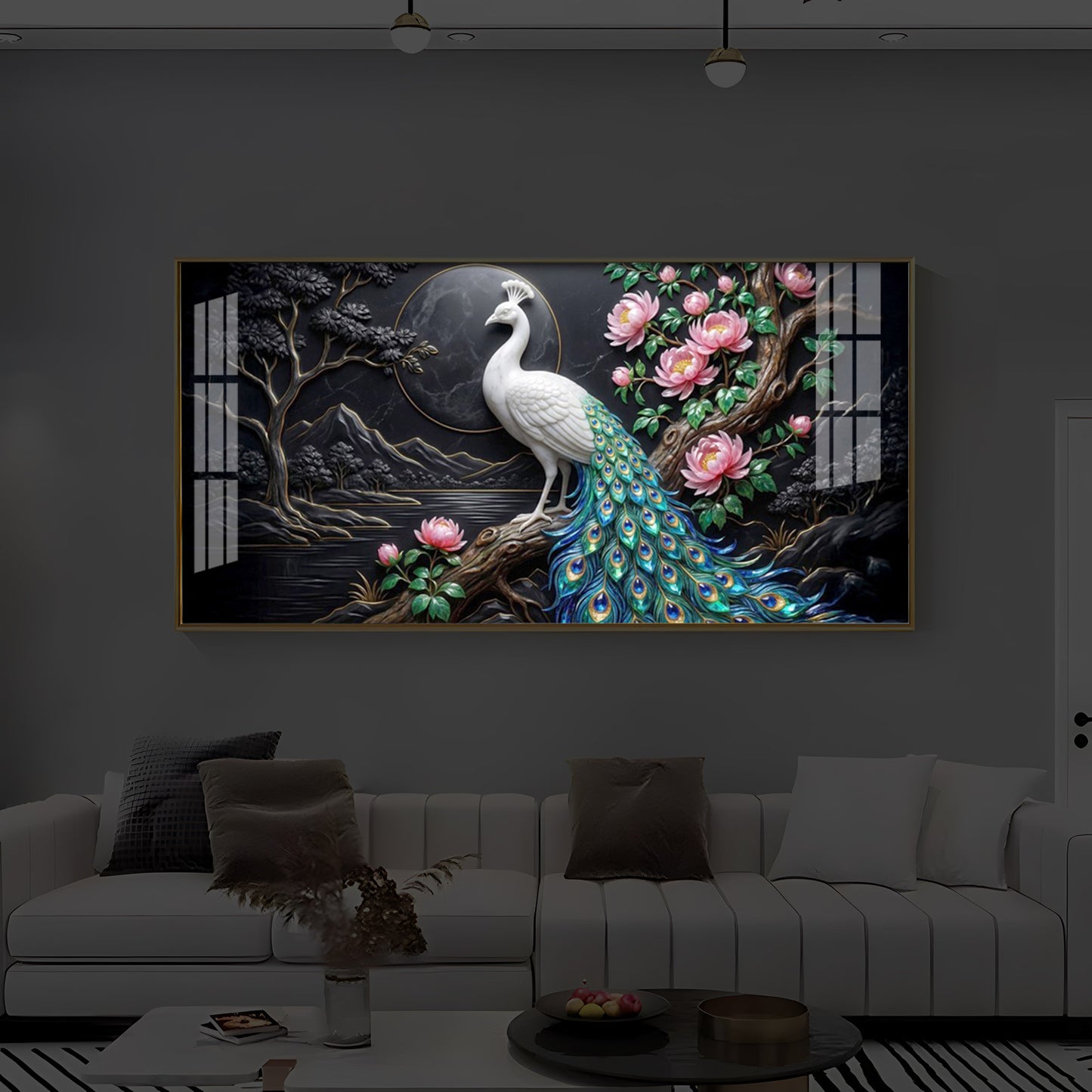 White Peacock With Flowers Modern Luxury Backlight Horizontal Wall Art