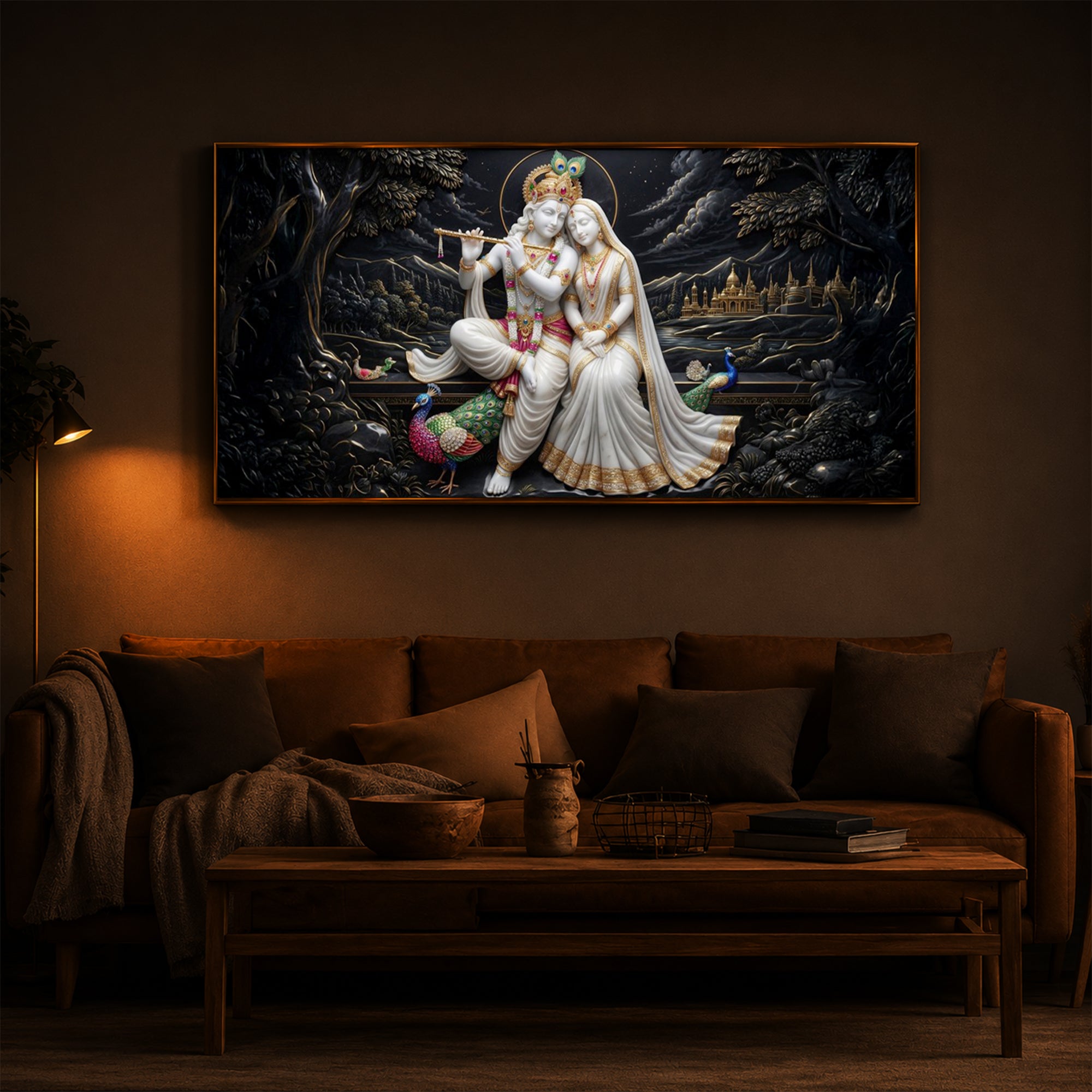 Divine Harmony Radha Krishna Modern Luxury Backlight Horizontal Wall Art
