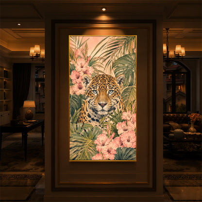 Tropical Jaguar & Flora Modern Luxury Backlight Vertical Wall Art