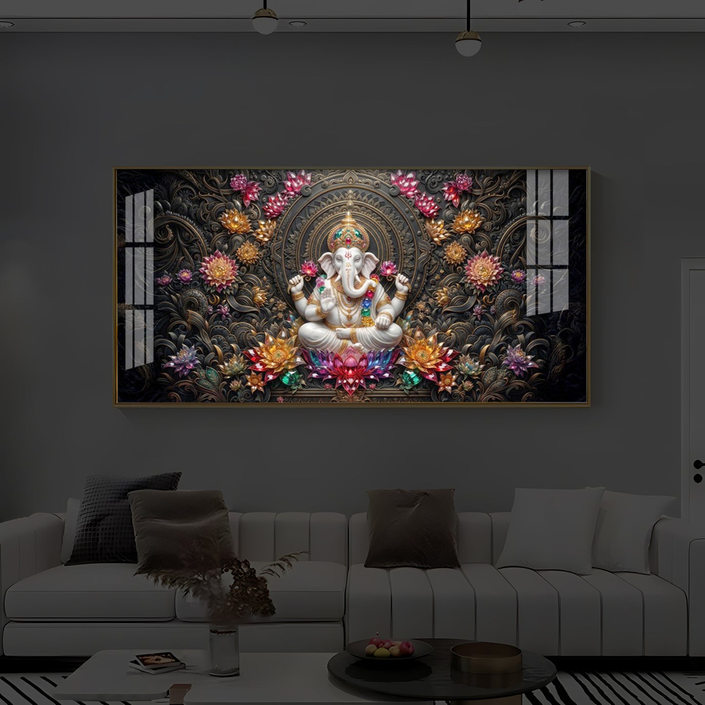 Lord Ganesha Blooming Lotuses Modern Luxury Backlight Horizontal Wall Art