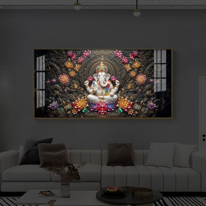 Lord Ganesha Blooming Lotuses Modern Luxury Backlight Horizontal Wall Art