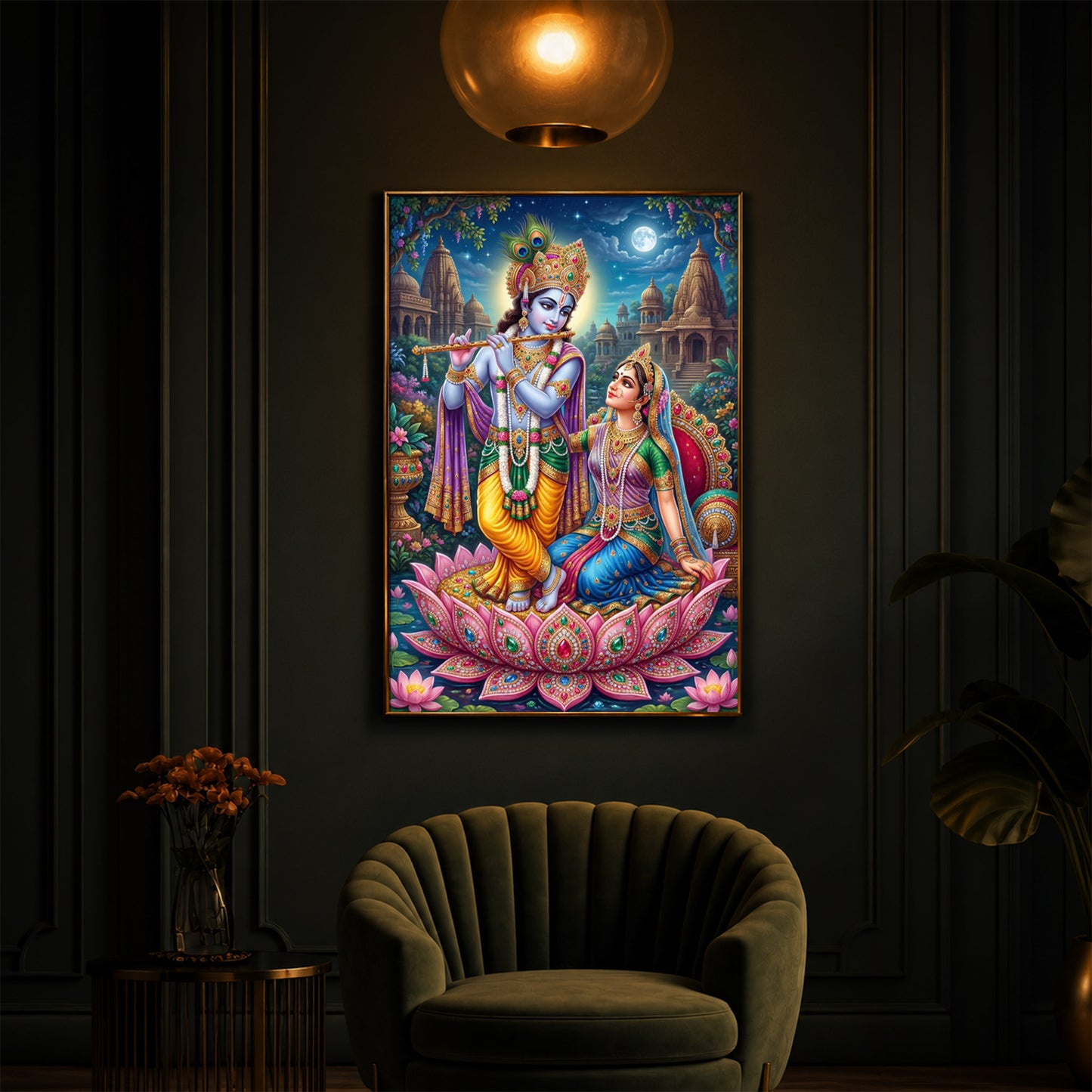 Goddess Radha and God Krishna Modern Luxury Backlight Vertical Wall Art