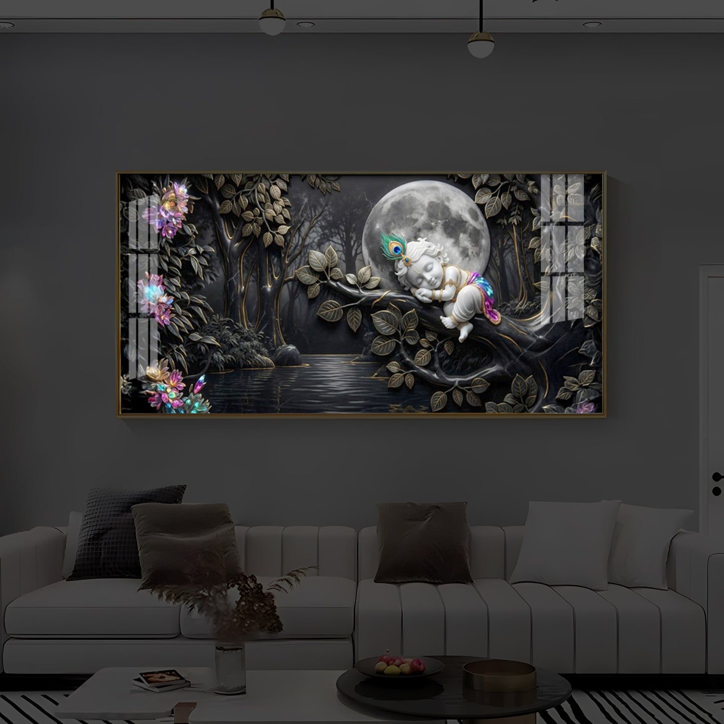 Divine Lord Little Krishna Modern Luxury Backlight Horizontal Wall Art