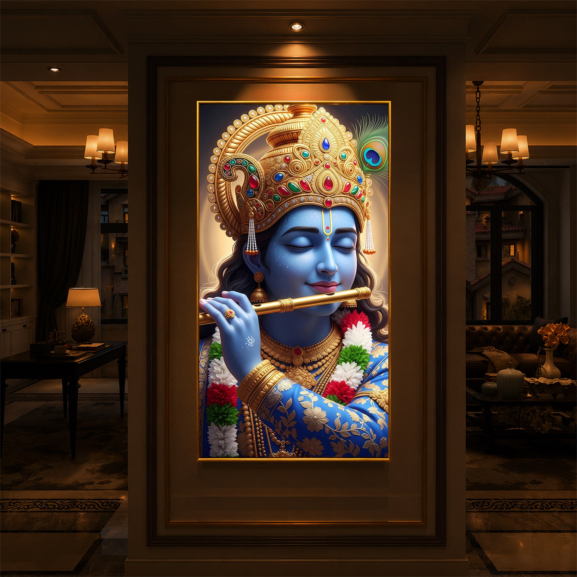 Lord Krishna Modern Luxury Backlight Vertical Wall Art