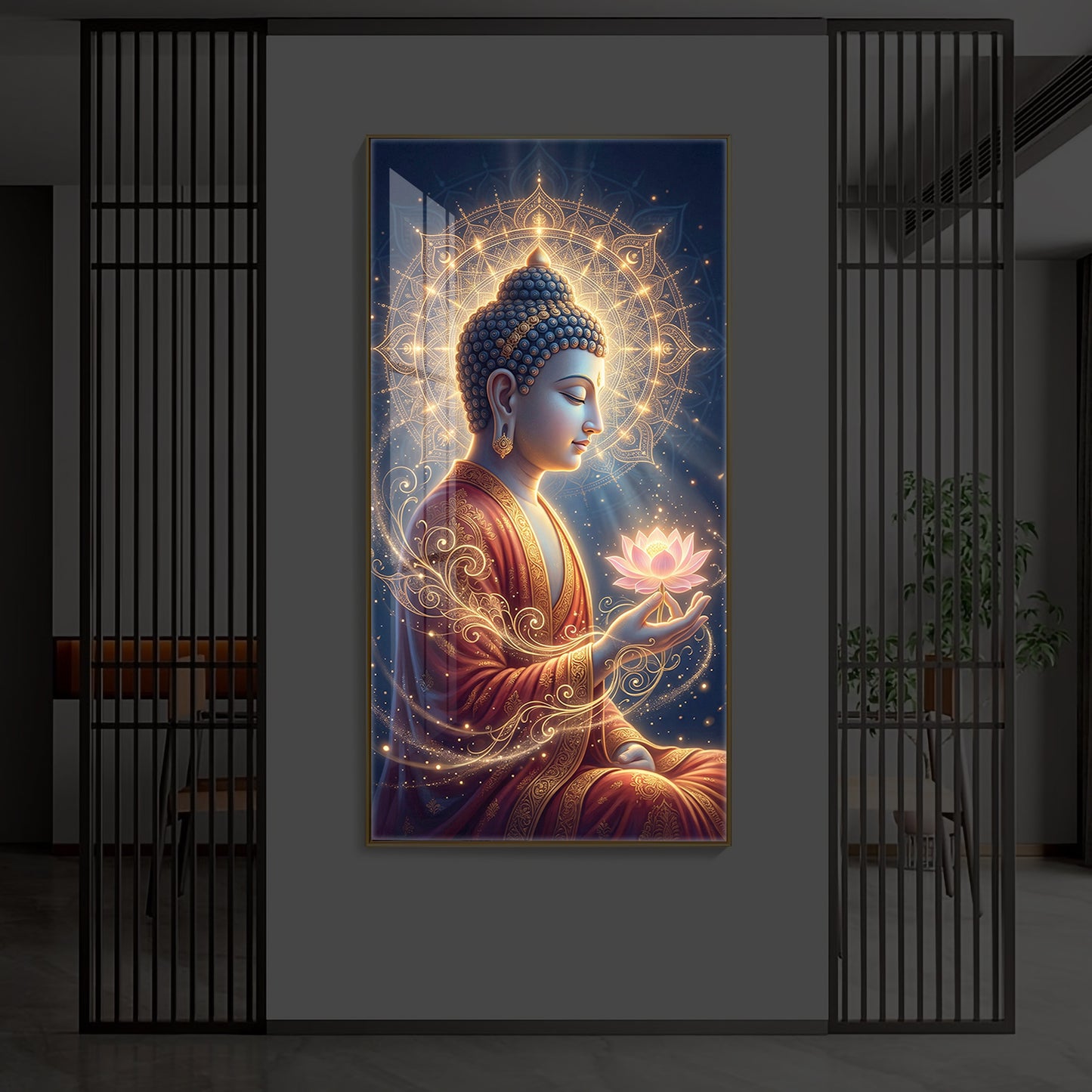 Depiction Of Buddha Modern Luxury Backlight Vertical Wall Art