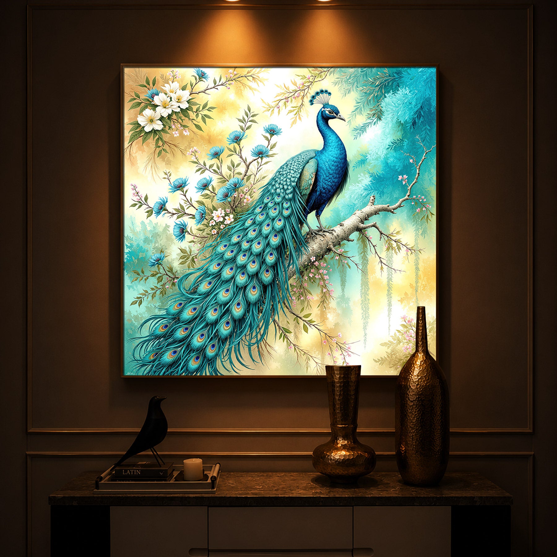 Peacock Perch Art Modern Luxury Backlight Square Wall Art