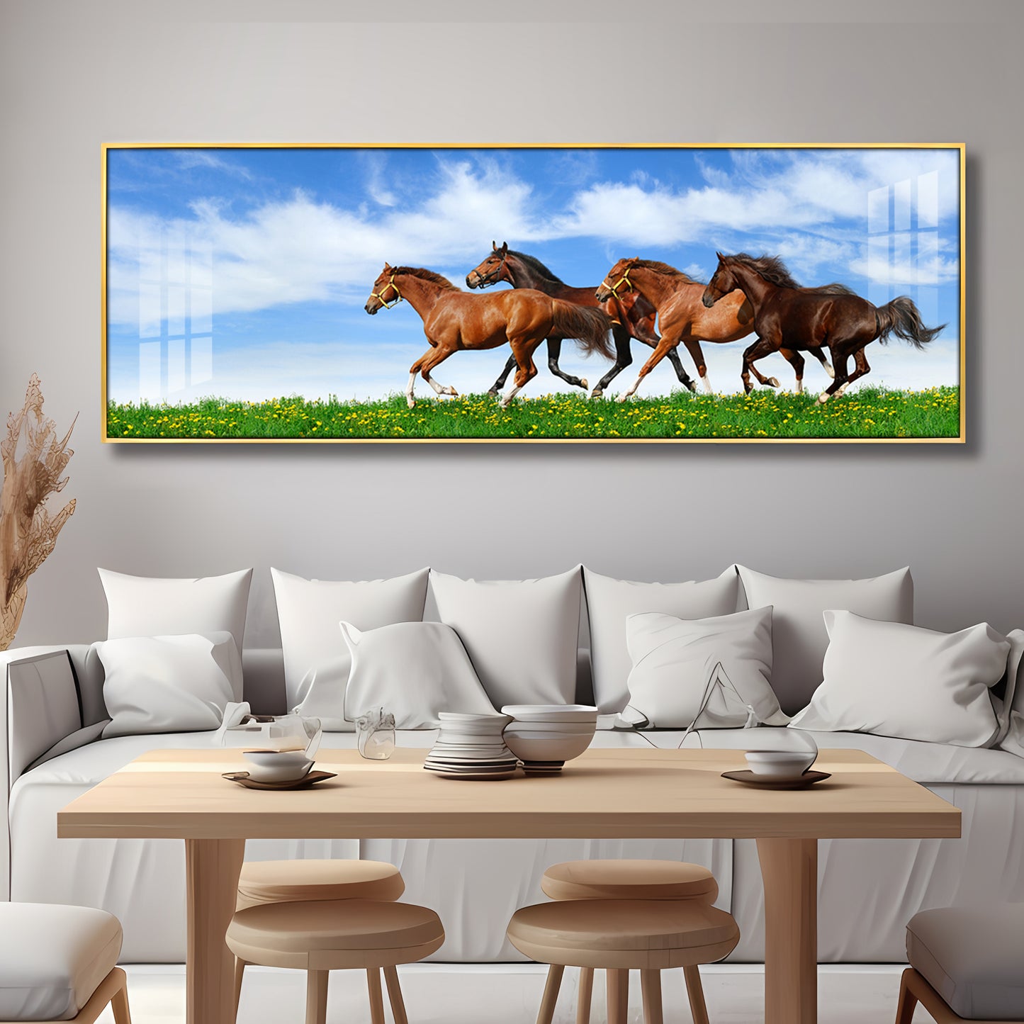 Horses In Green Grass Premium Acrylic Horizontal Wall Art