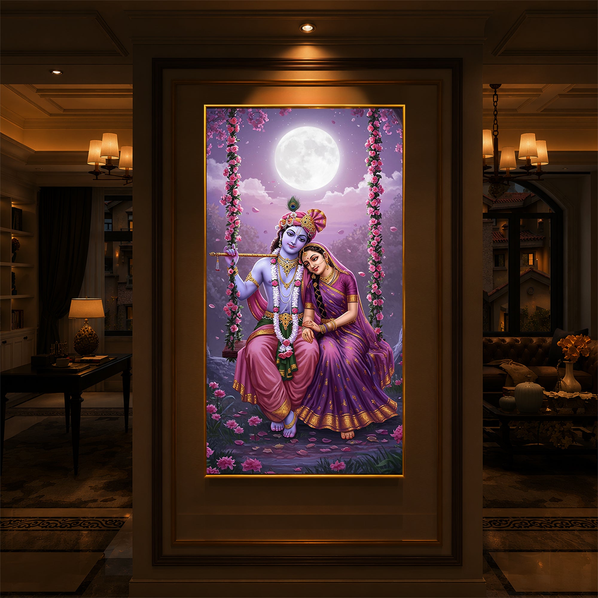 Loving Radha Krishna Modern Luxury Backlight Vertical Wall Art