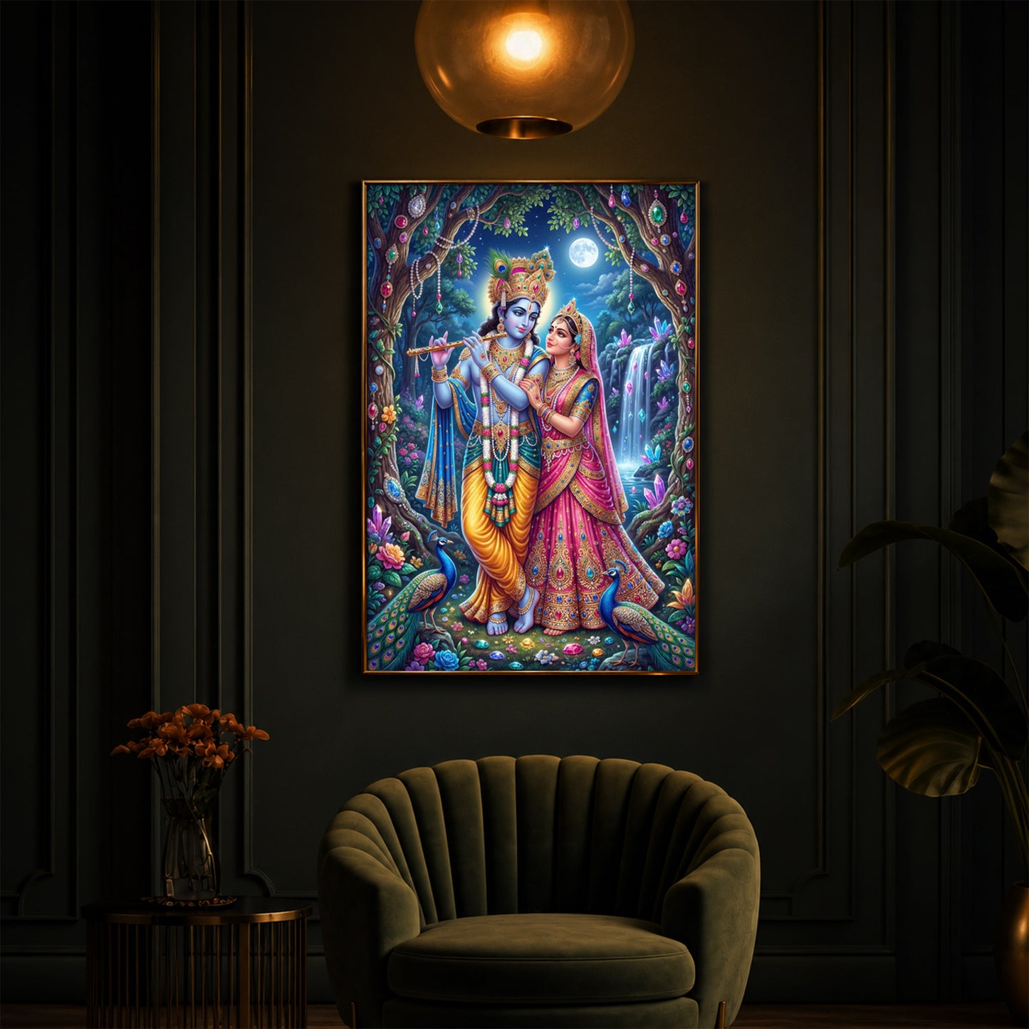 Eternal Love of Radha Krishna Modern Luxury Backlight Vertical Wall Art