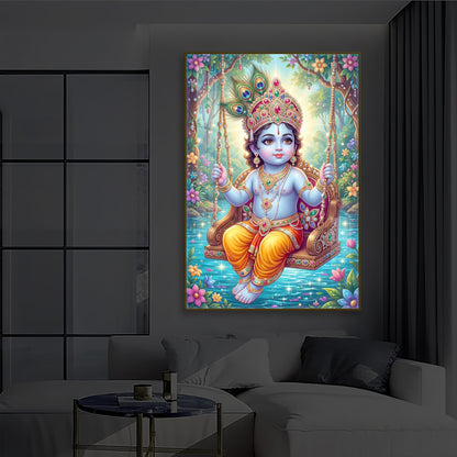 Divine Lord Krishna Modern Luxury Backlight Vertical Wall Art