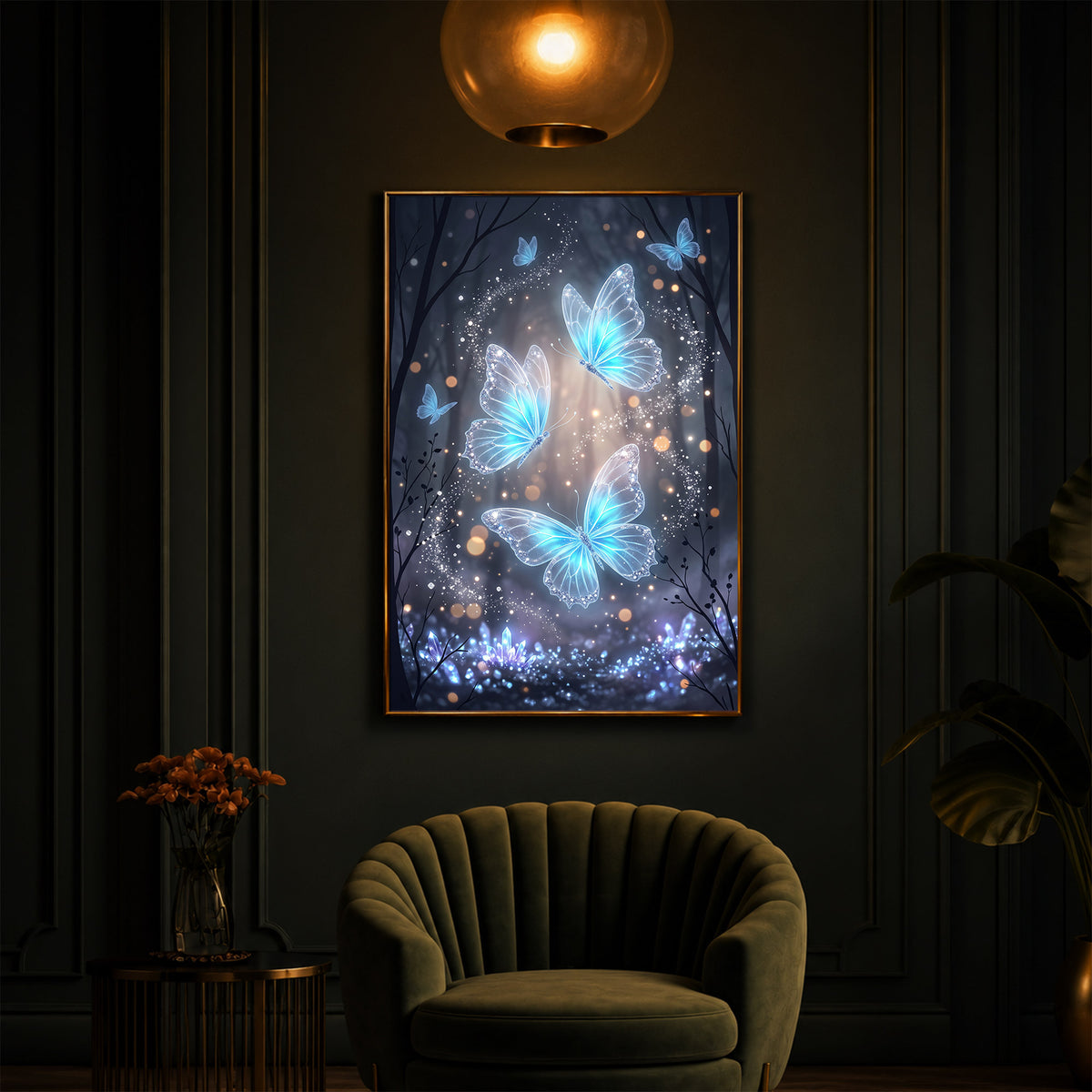 Luminous Crystal Blue Butterflies Modern Luxury Backlight Vertical Wall Art