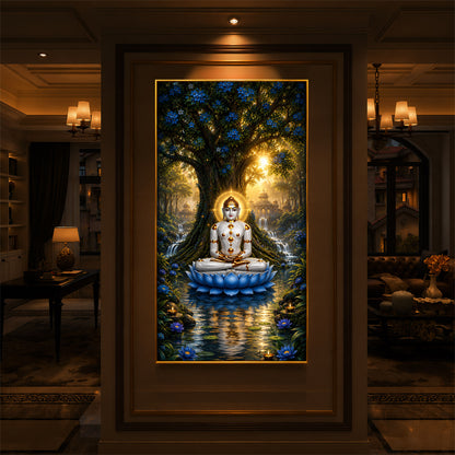 Divine Bhagwan Mahavir On Blue Lotus Modern Luxury Backlight Vertical Wall Art