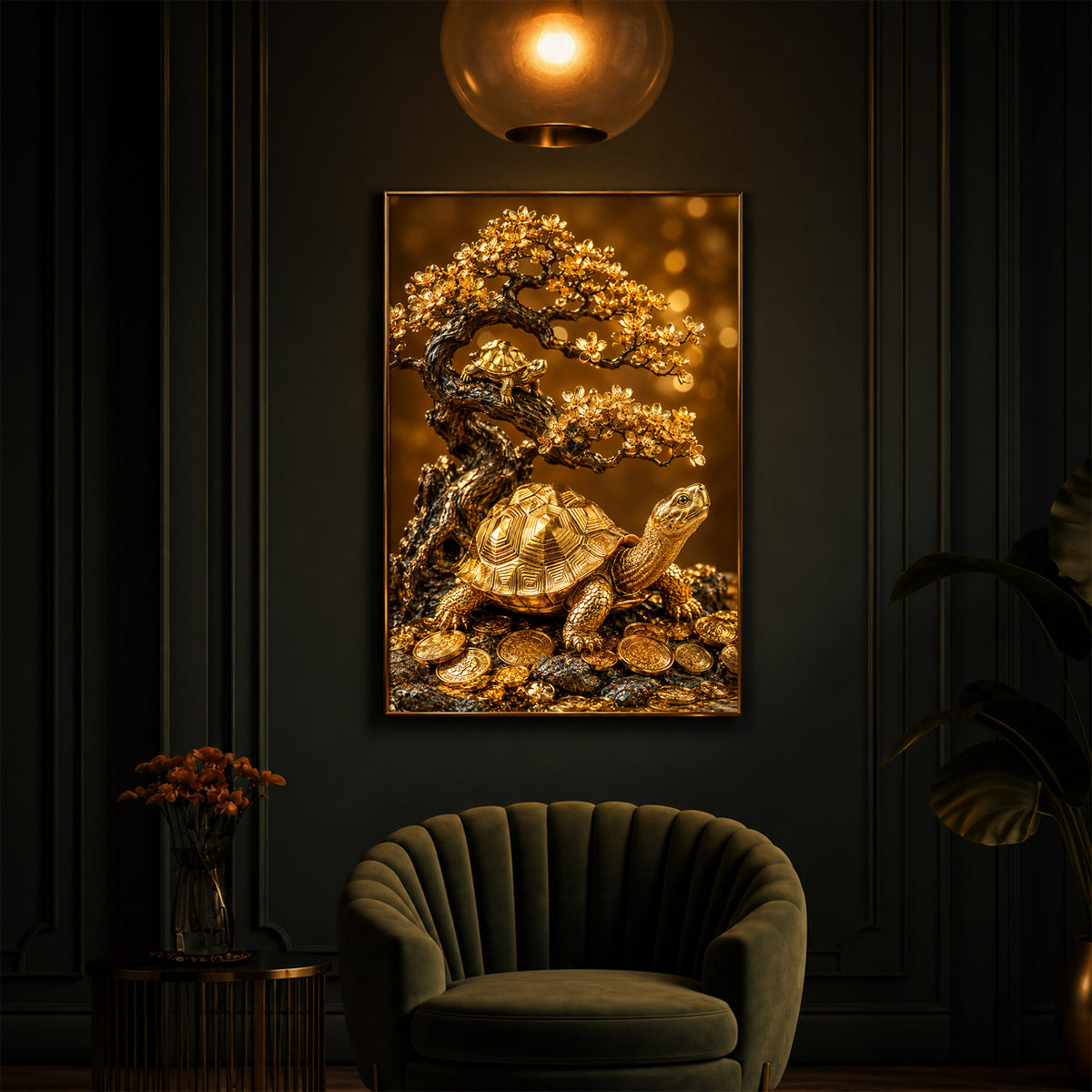 Golden Wealth Turtle Modern Luxury Backlight Vertical Wall Art