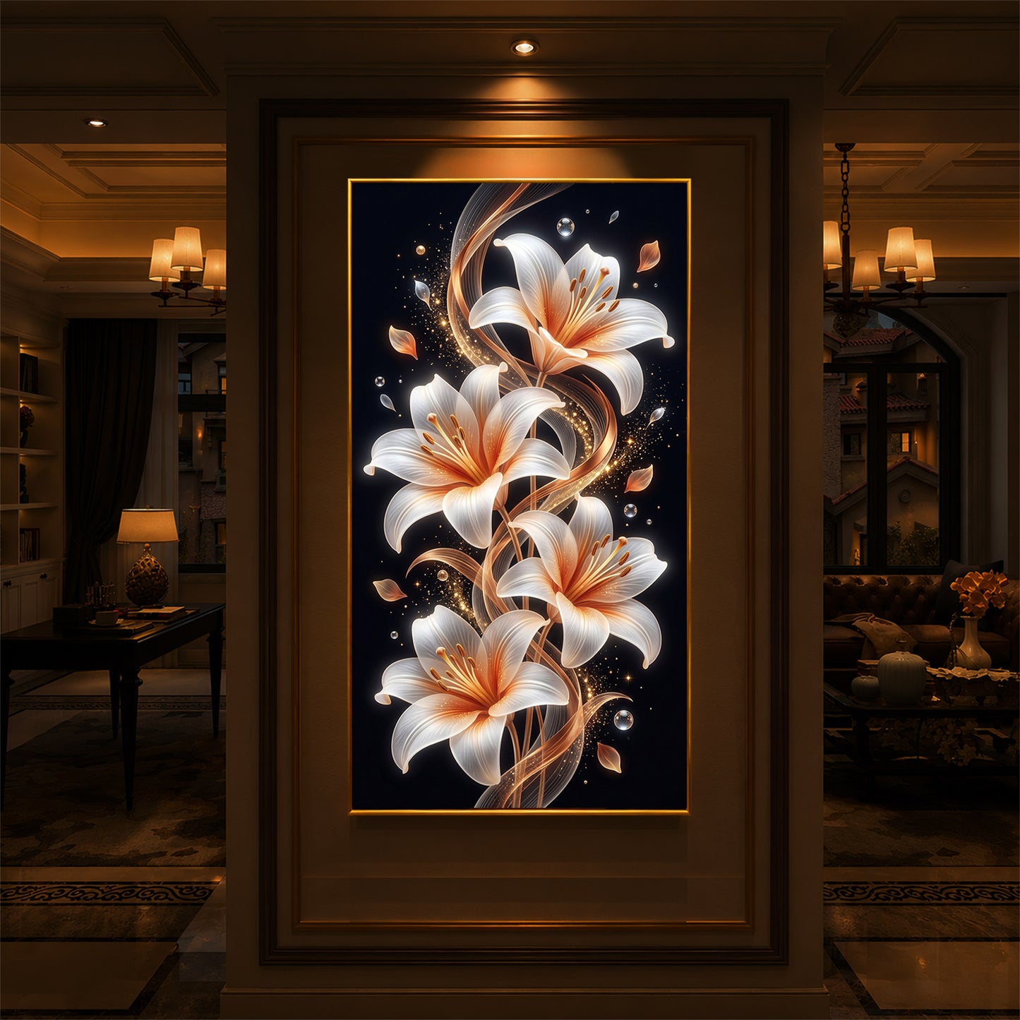Glowing Golden Lily Modern Luxury Backlight Vertical Wall Art