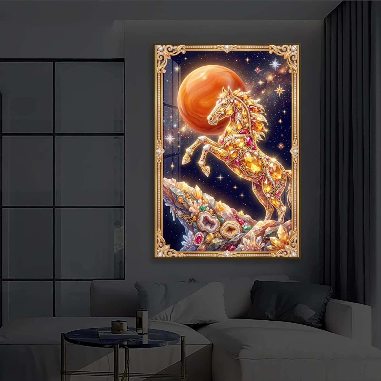 Horse In Dancing Posture Modern Luxury Backlight Vertical Wall Art