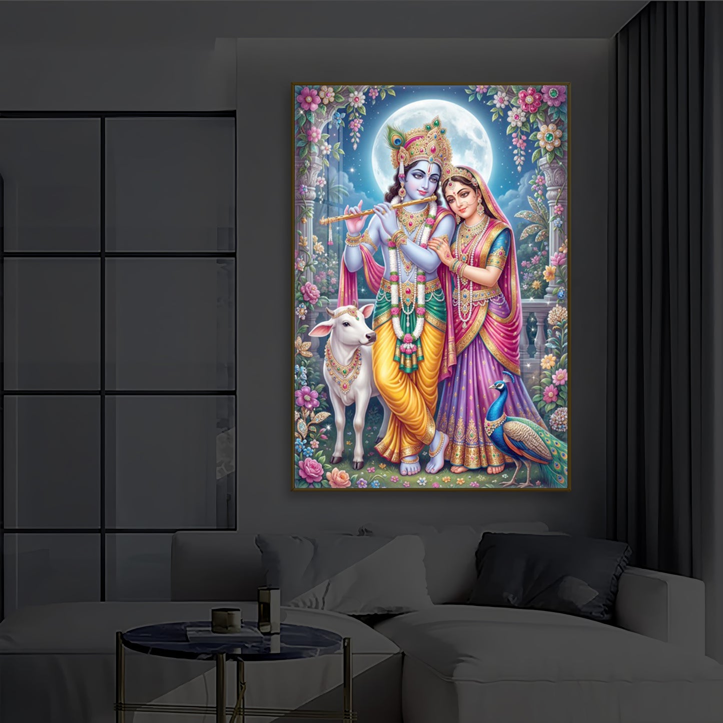 Moonlit Radha Krishna Leela Modern Luxury Backlight Vertical Wall Art