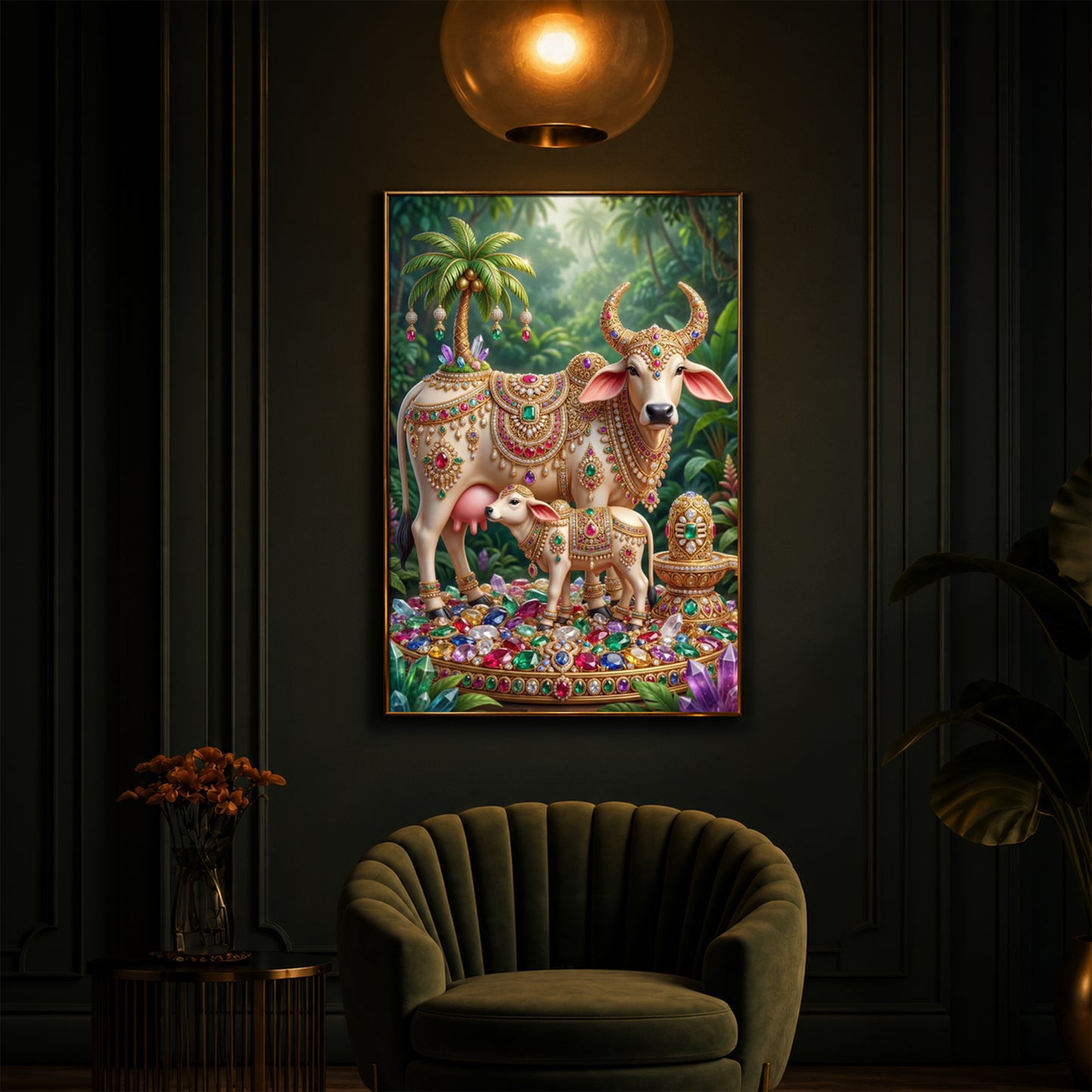 Kamadhenu Cow With Shiv Ji Modern Luxury Backlight Vertical Wall Art