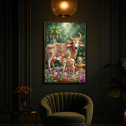Kamadhenu Cow With Shiv Ji Modern Luxury Backlight Vertical Wall Art